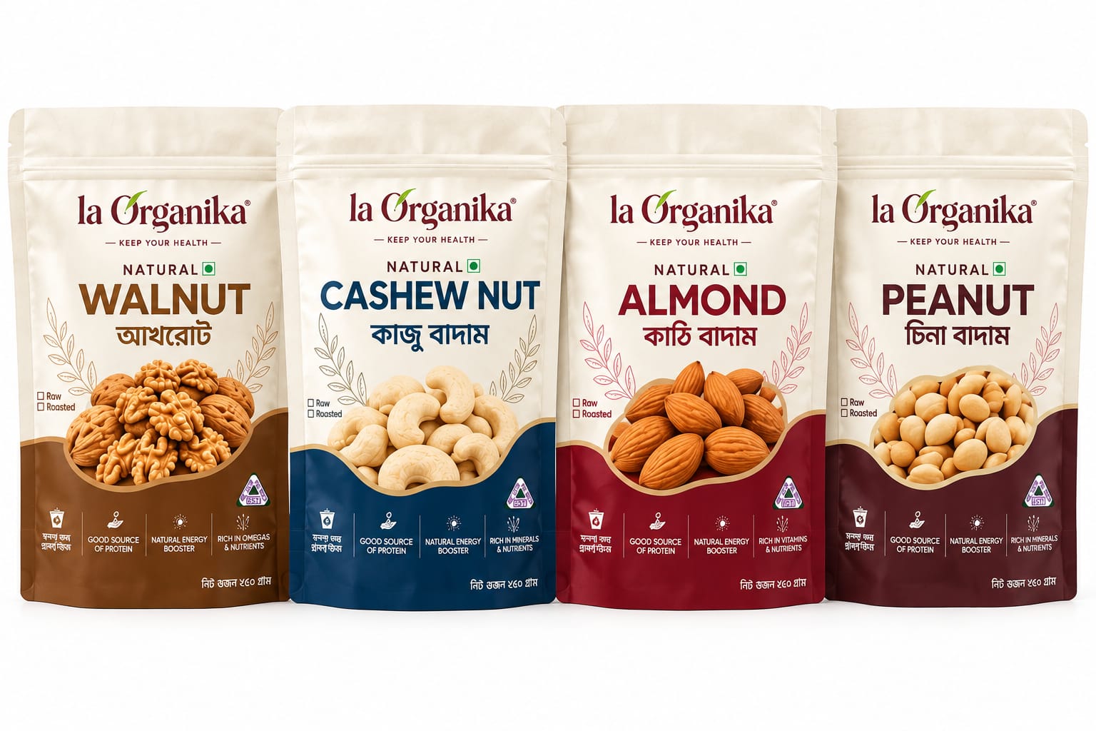 Walnut-Cashew Nut-Almond And Natural Peanut 250 gm combo